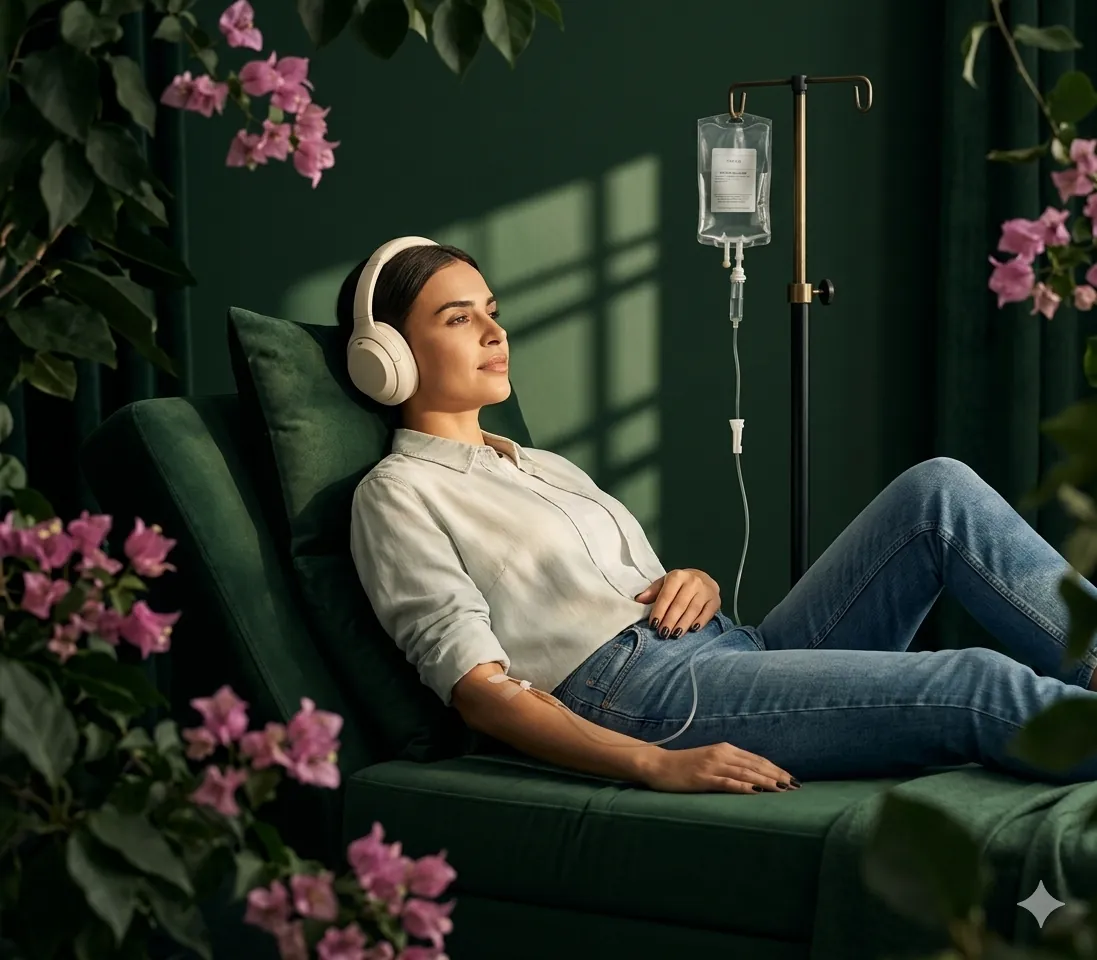 Woman relaxing with headphones during an IV infusion session