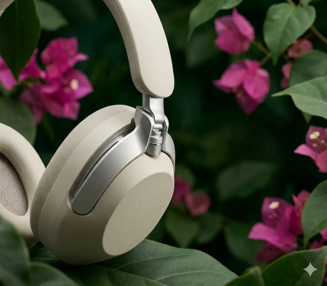 Premium headphones nestled in bougainvillea blooms