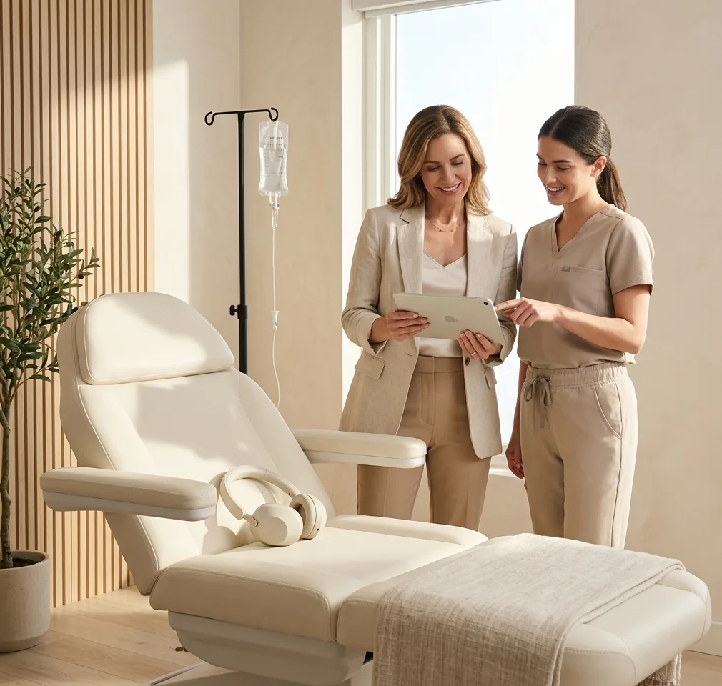 Practice owner and staff reviewing Bougainvillea in a treatment room